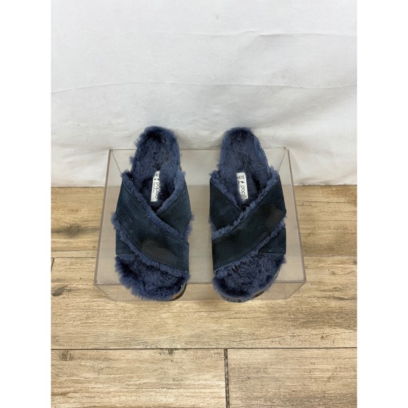 Papillio by Birkenstock Shearling Slides Women's Size 37 Navy Blue Comfort - Picture 1 of 10